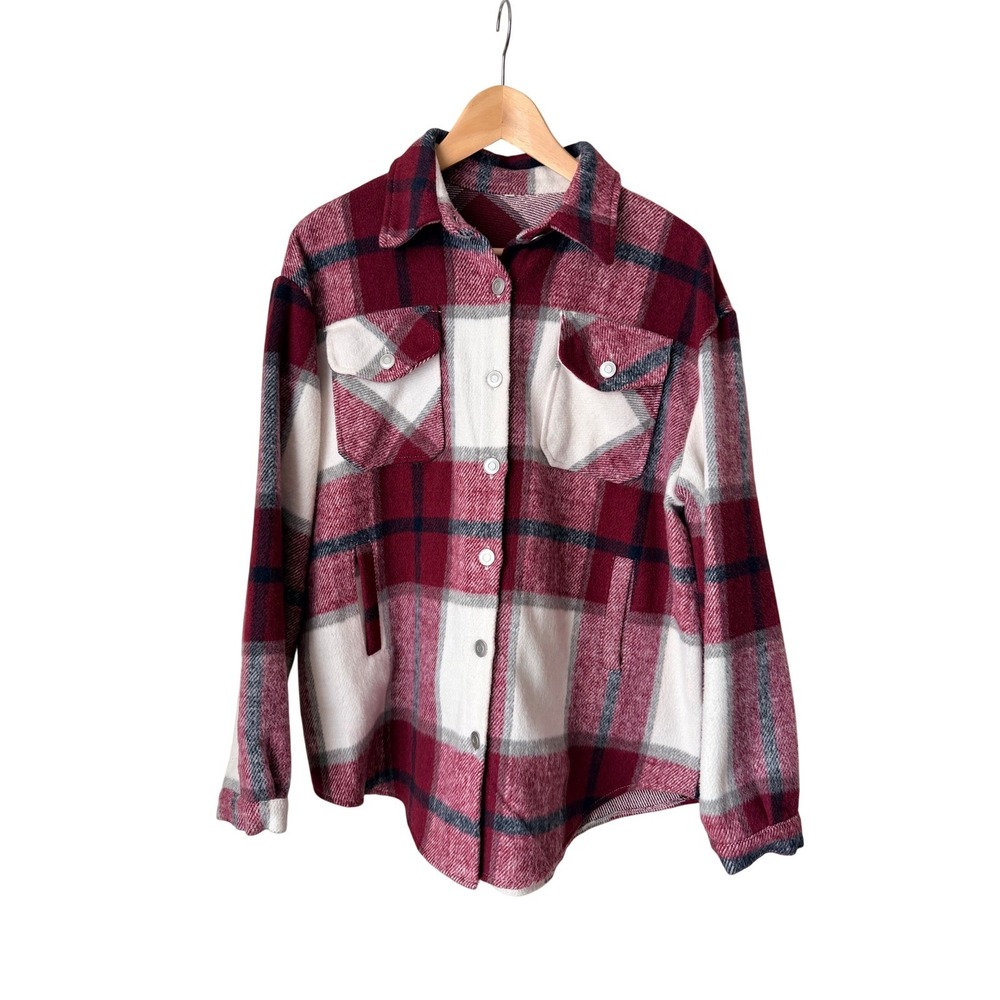Womens Burgundy Plaid Button Down Shacket Oversized Flannel Jacket Cabincore M - Picture 3 of 7